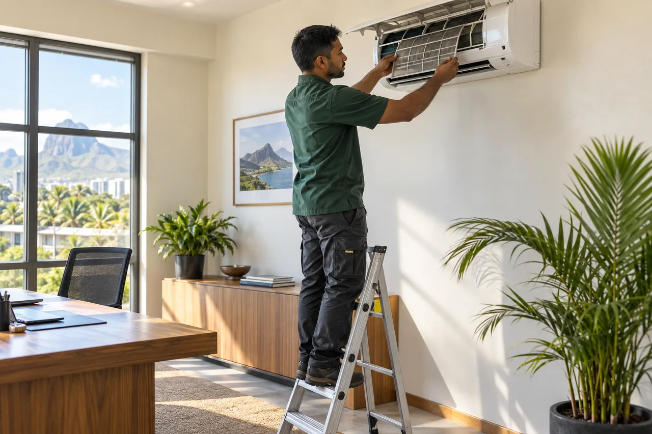 Illustration: a technician servicing an air conditioner in a bright workplace.