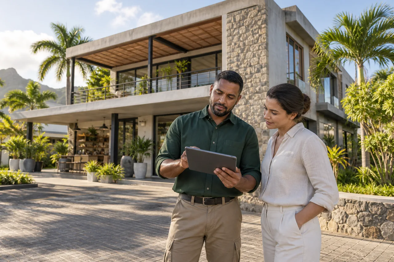 Illustration: an owner and maintenance coordinator reviewing a property together.