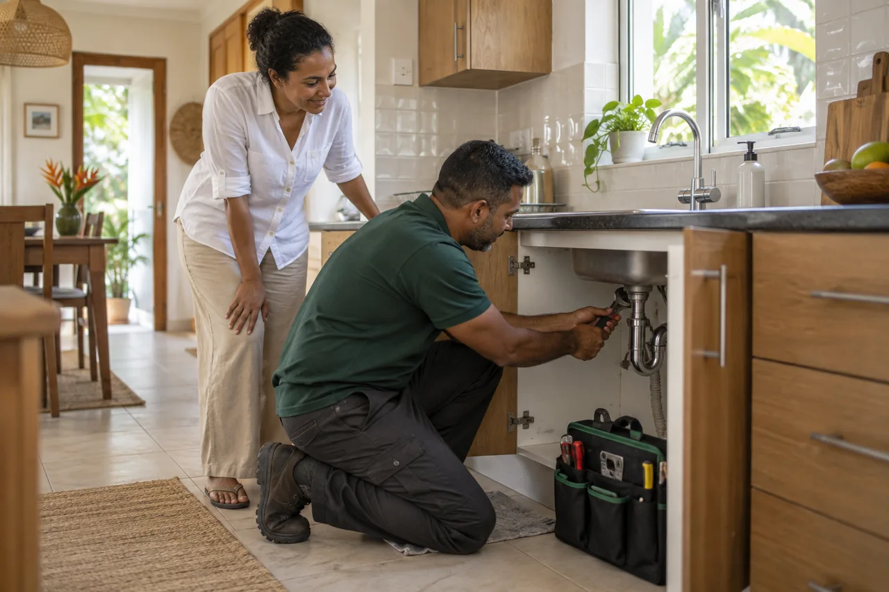 Illustration: a technician working on plumbing in a home, with the owner nearby.