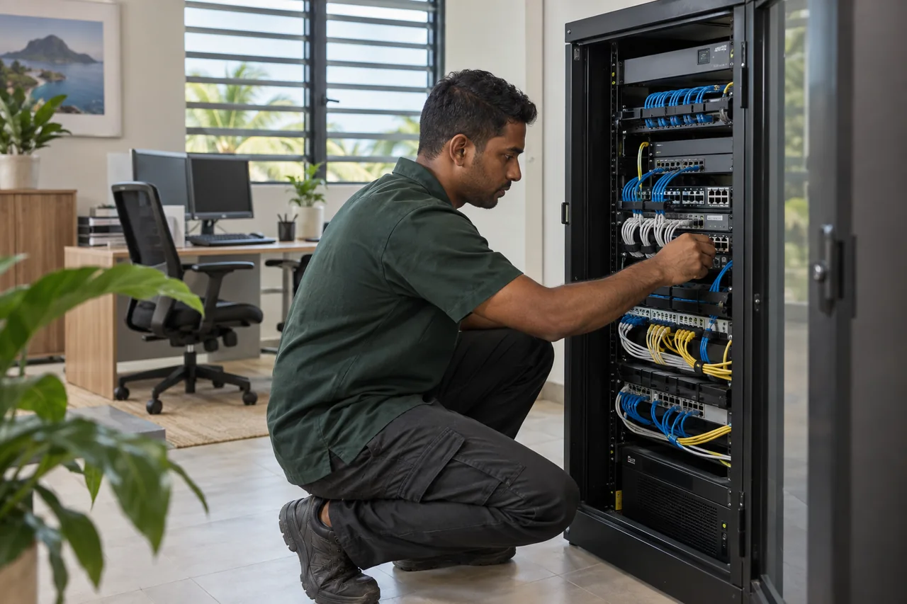 Illustration: a technician checking a network cabinet in a small office.